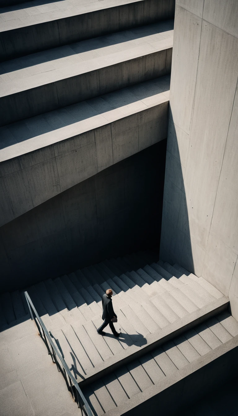 Um pedestre solitário sobe uma monumental escadaria de concreto entre sombras urbanas
