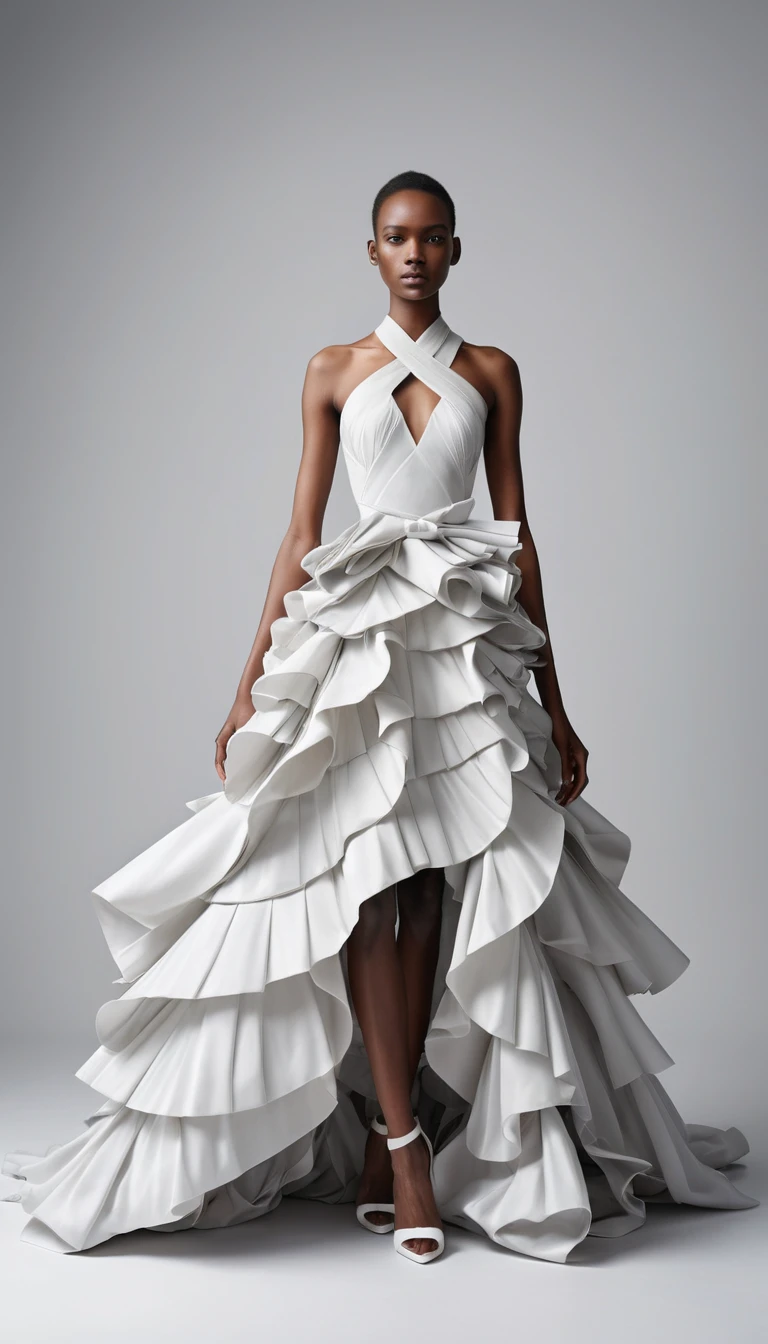 Un mannequin dans une robe blanche sculpturale de haute couture