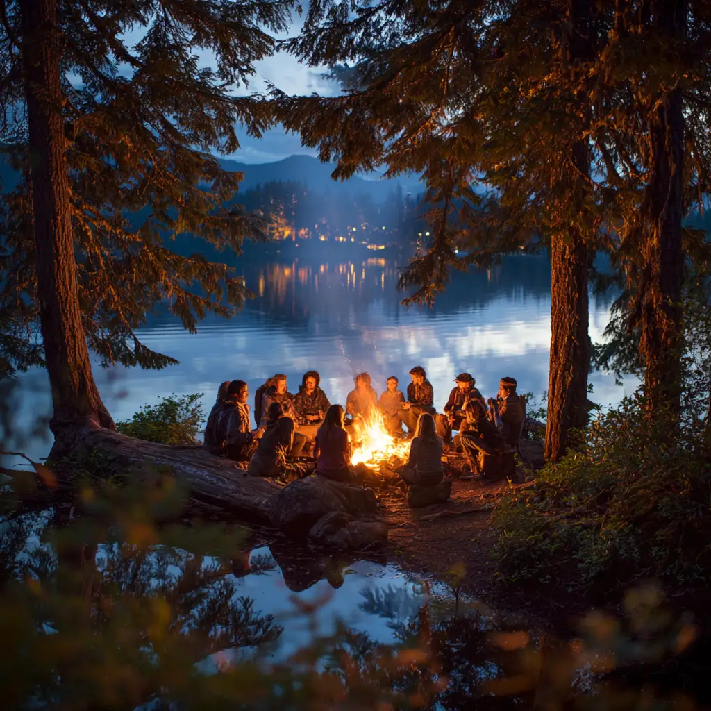 Friends and family gather around a campfire beside a forest lake