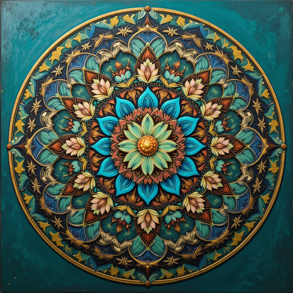 Mandala floral radial aux motifs décoratifs turquoise et corail