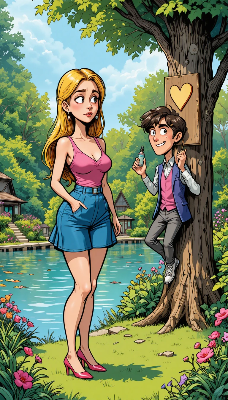 A mischievous young man paints a yellow heart while a woman watches