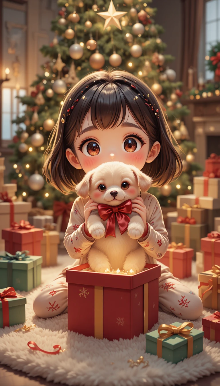 Menina celebra o Natal com seu cachorrinho sob uma árvore decorada