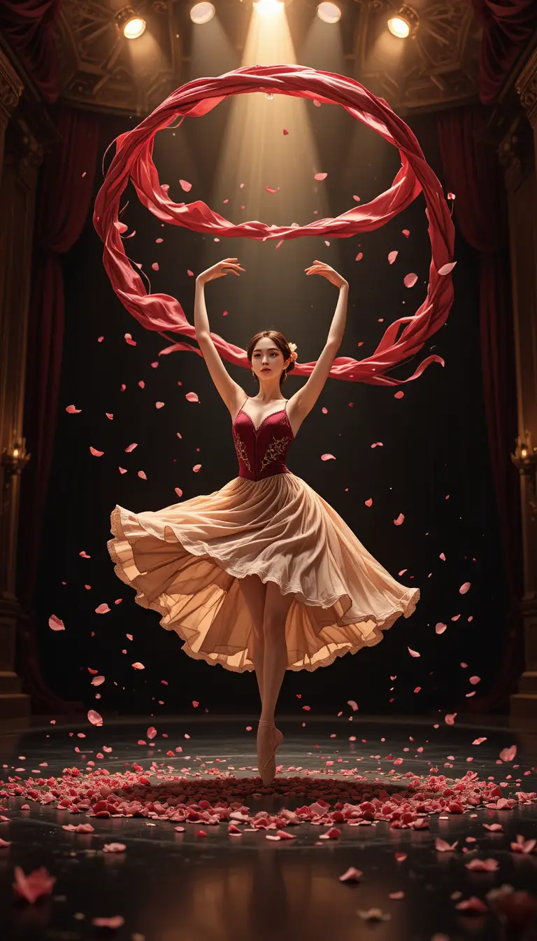 A ballerina performs beneath a sweeping ribbon on a theater stage
