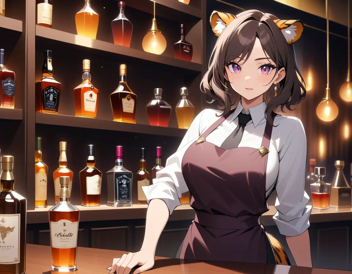 スピークイージーのバーで働くアニメ風の虎耳女性バーテンダー