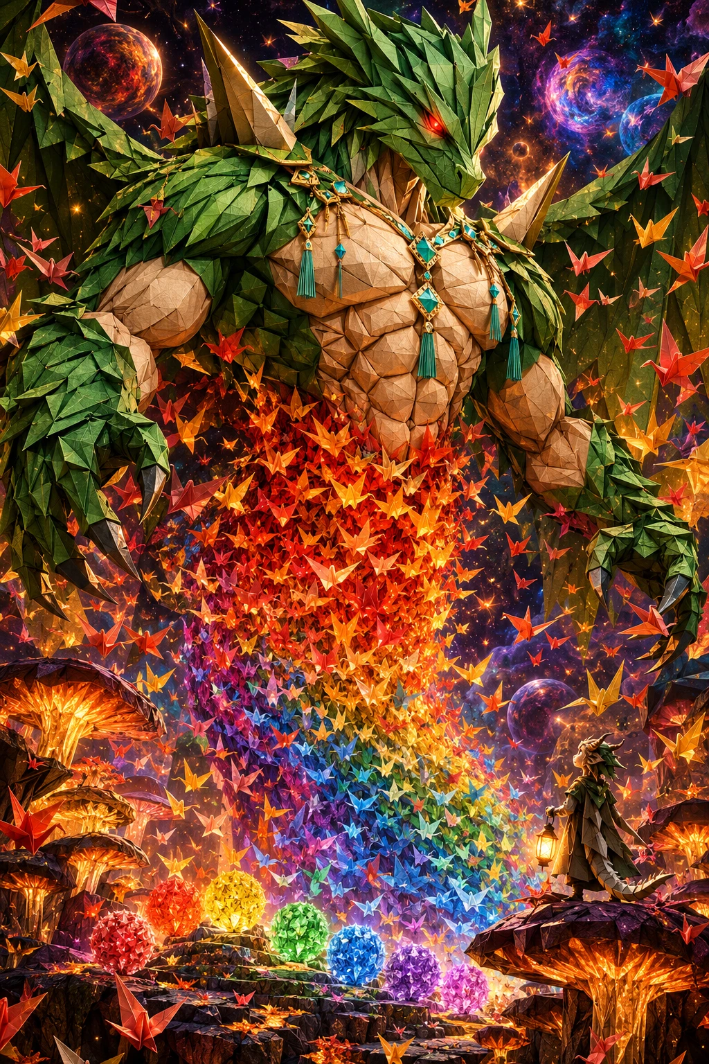 Un dragón verde de origami se alza sobre un oscuro bosque de hongos