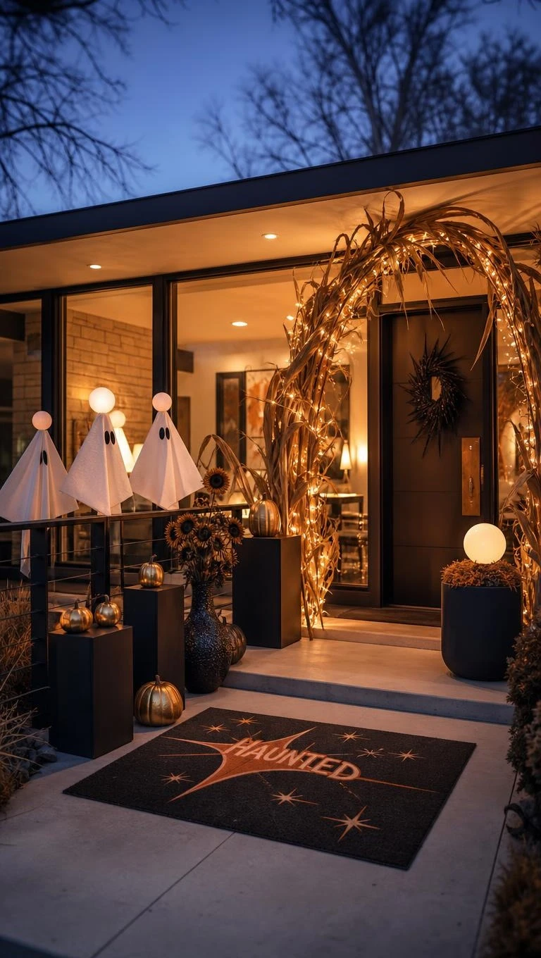 Veranda eines Ranchhauses aus der Mitte des Jahrhunderts, neu gestaltet mit verspielter Halloween-Deko
