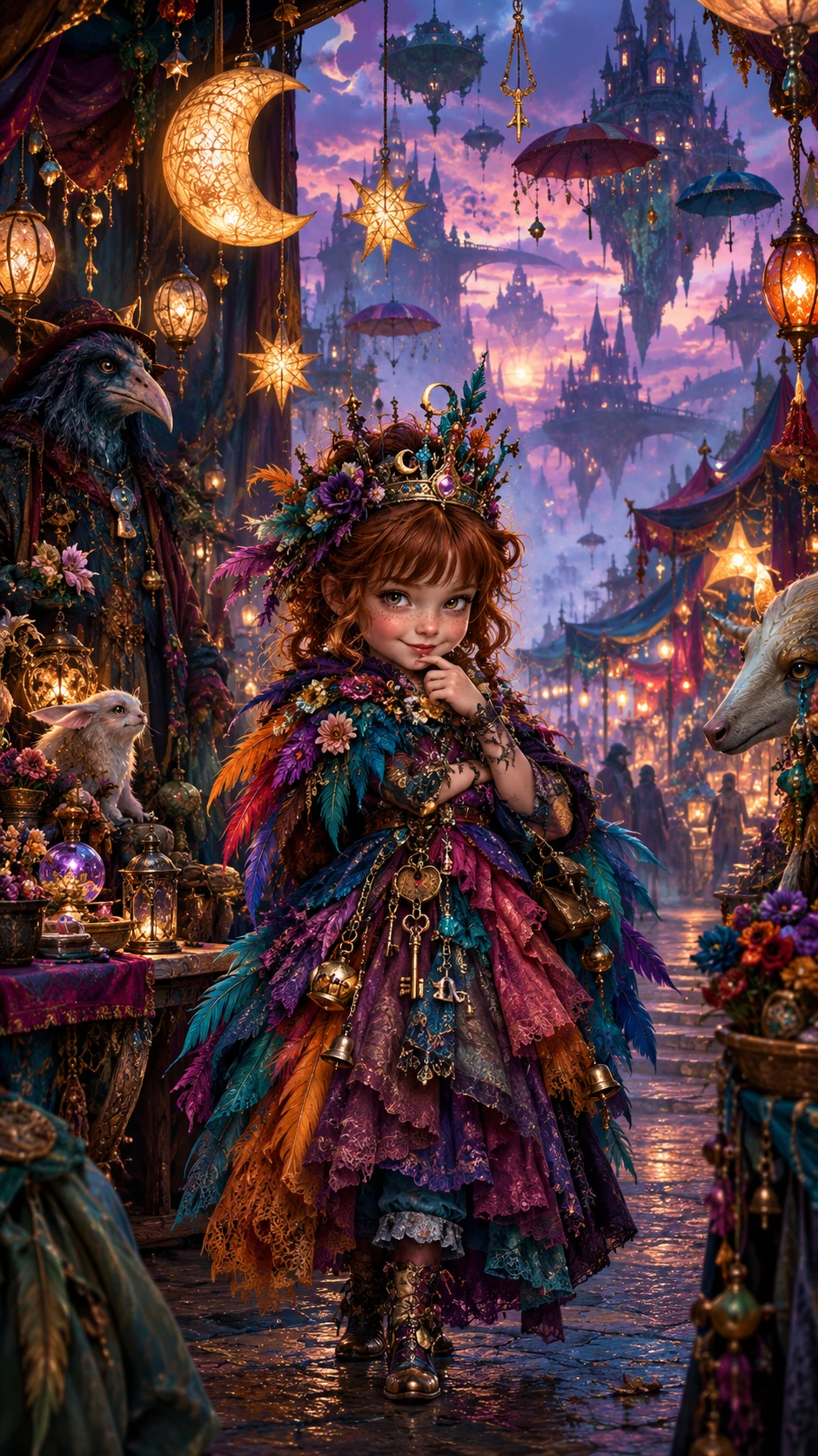 Uma pequena rainha da fantasia em traje ornamentado num mercado ao entardecer