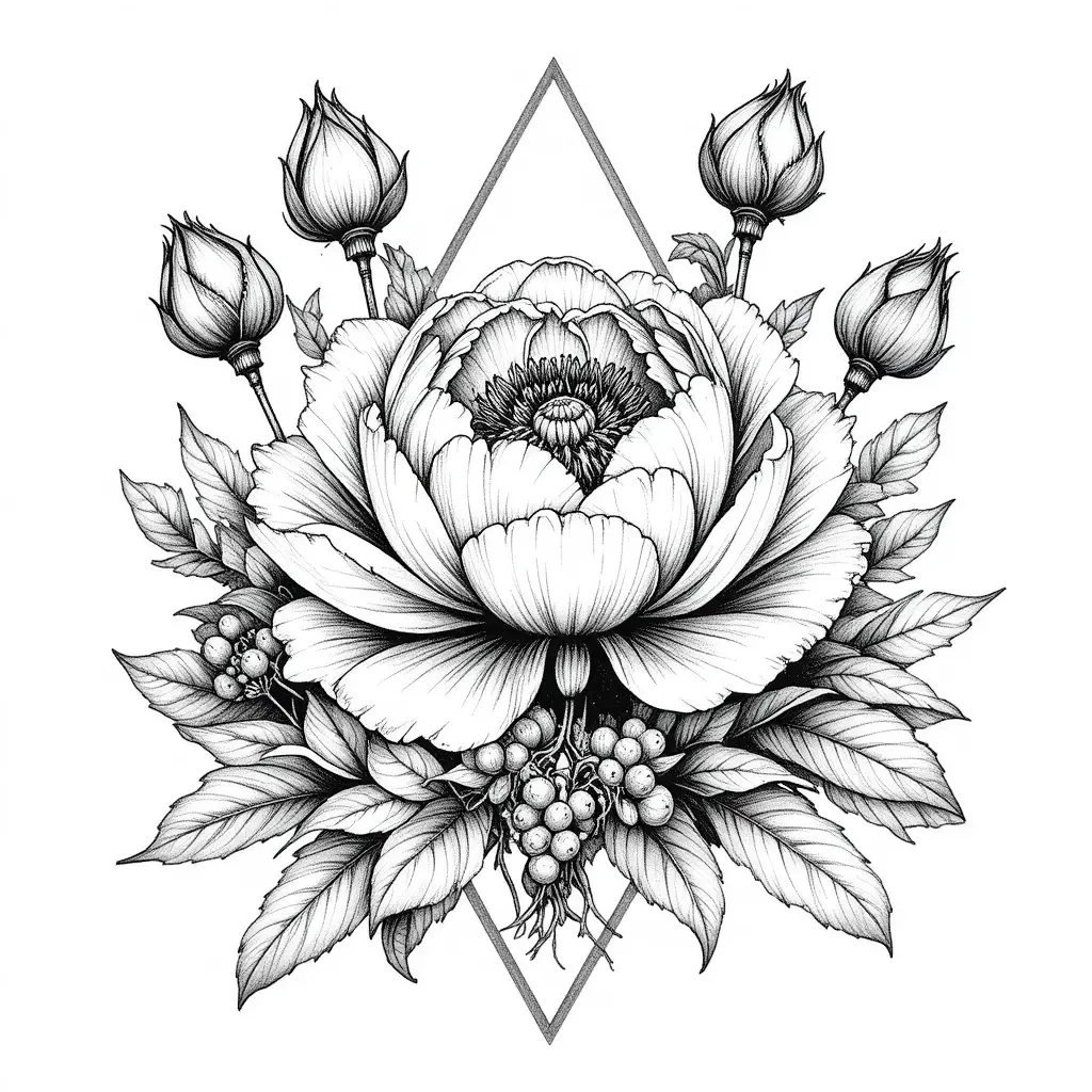 A layered peony and buds framed by a minimalist triangle