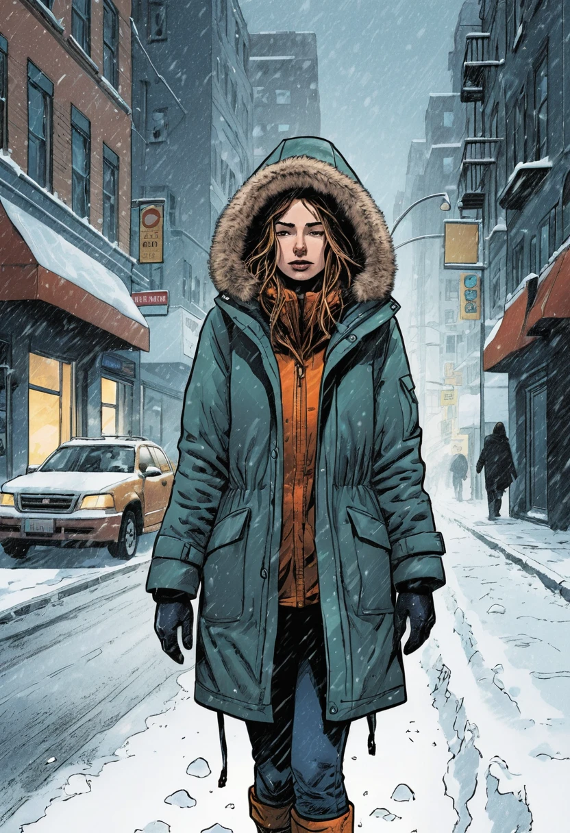 Uma mulher com um parka pesado caminha com dificuldade por uma rua coberta de neve