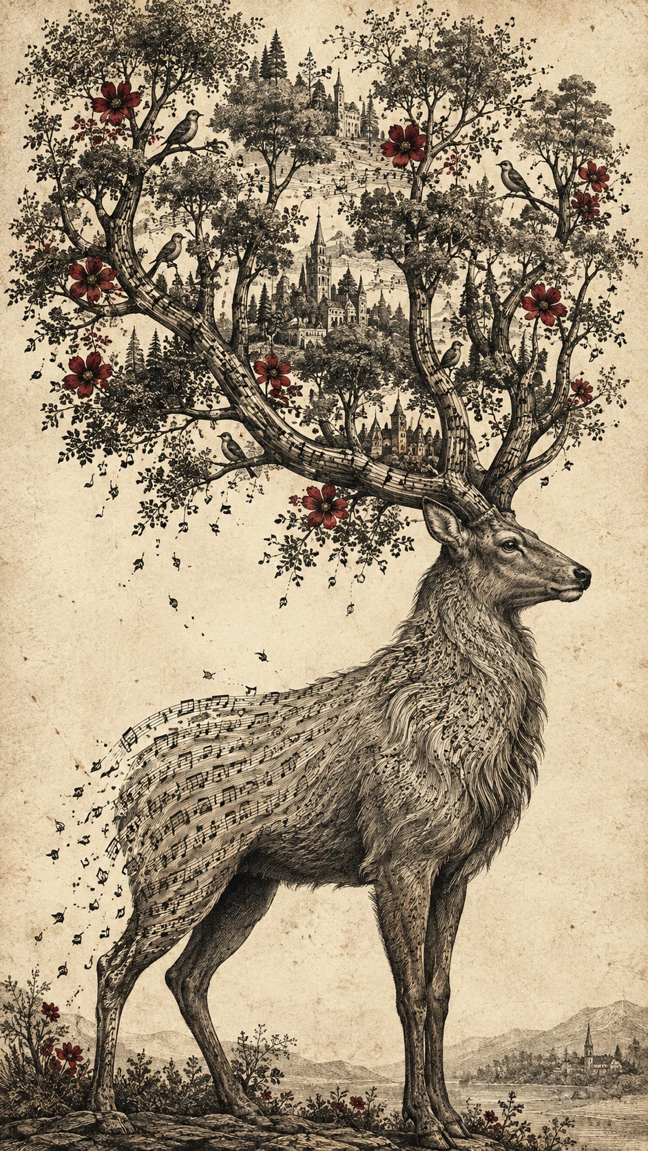 Um cervo de perfil, com a galhada transformada numa floresta em miniatura