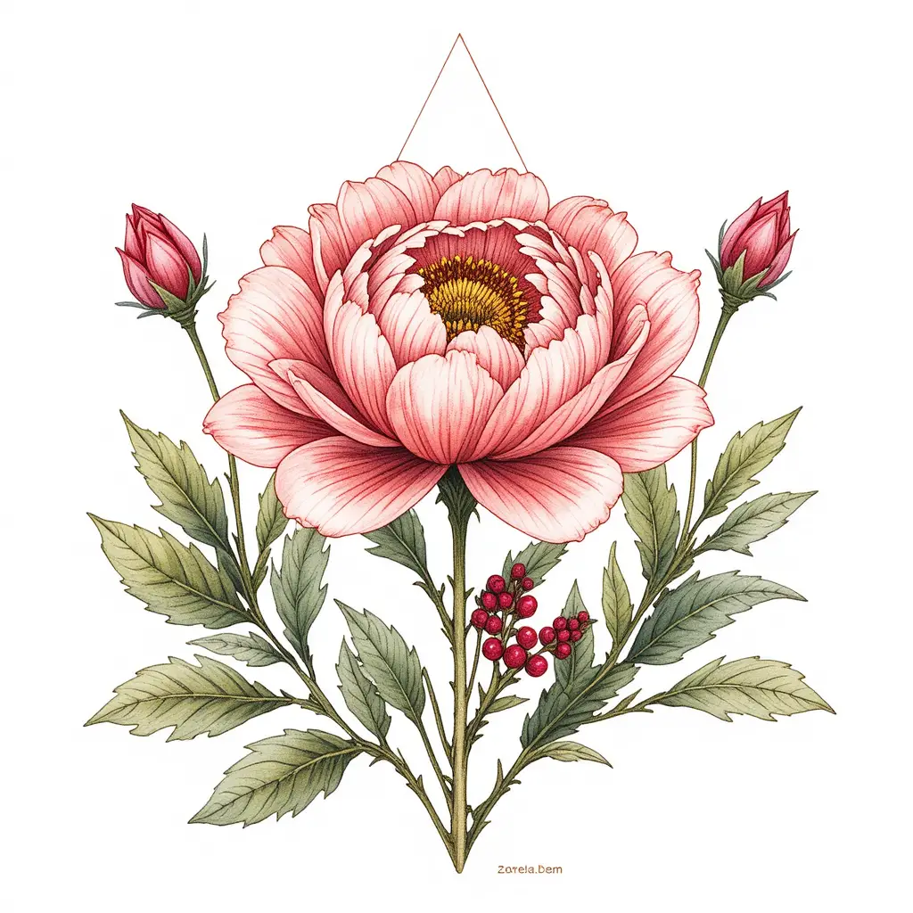 A Hand Drawn Peony Illustration Framed by a Minimal Geometric Triangle