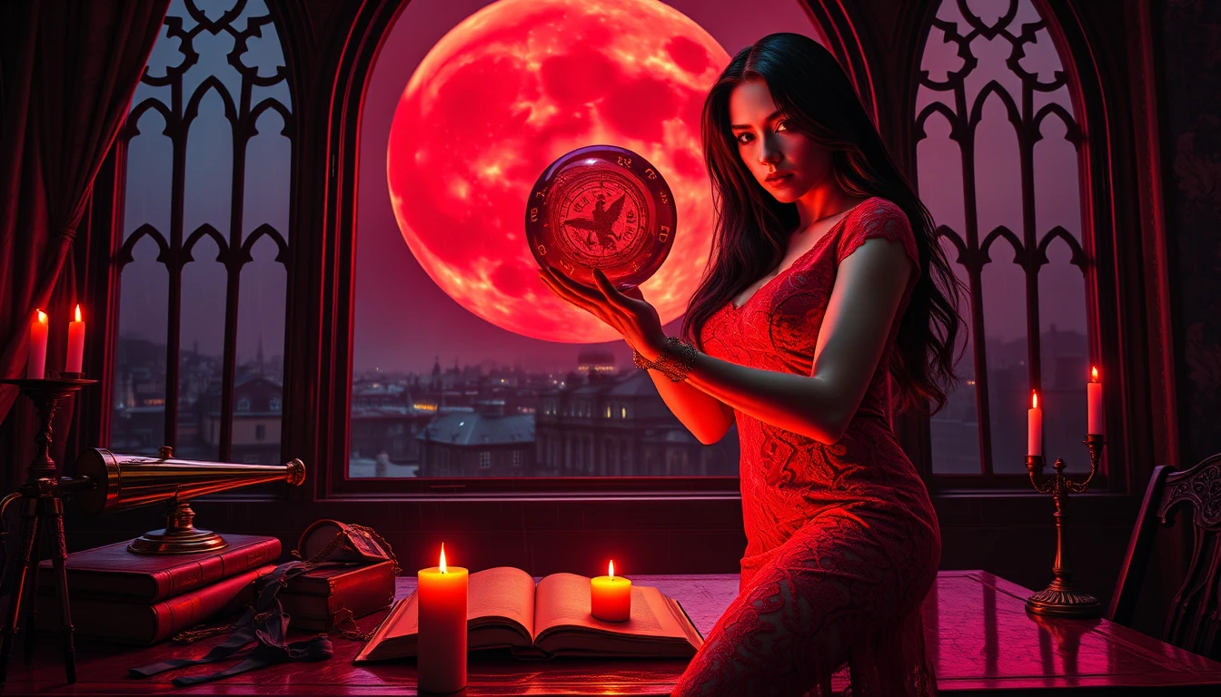 Una donna vampiro evoca una sfera luminosa in un interno gotico