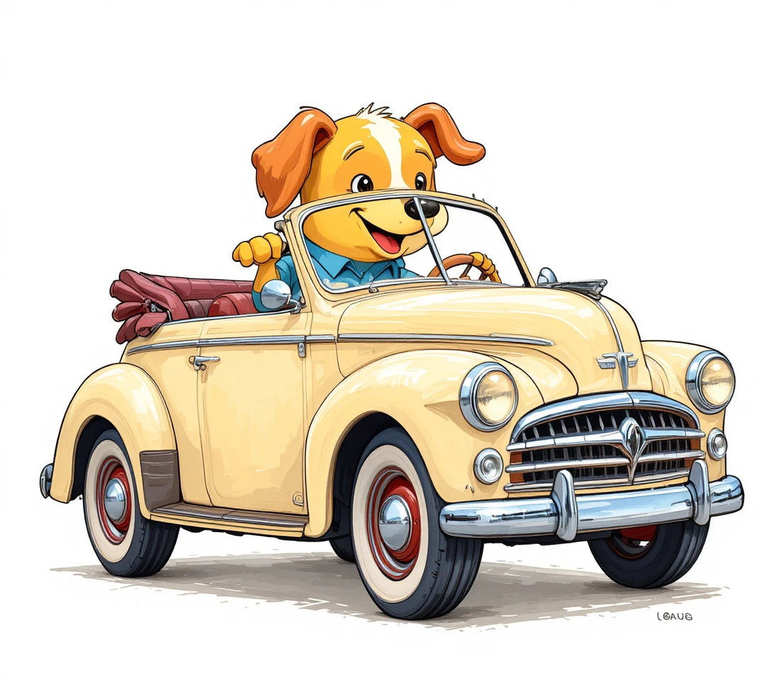 Um cão de desenho animado alegre conduz um descapotável clássico sobre fundo branco