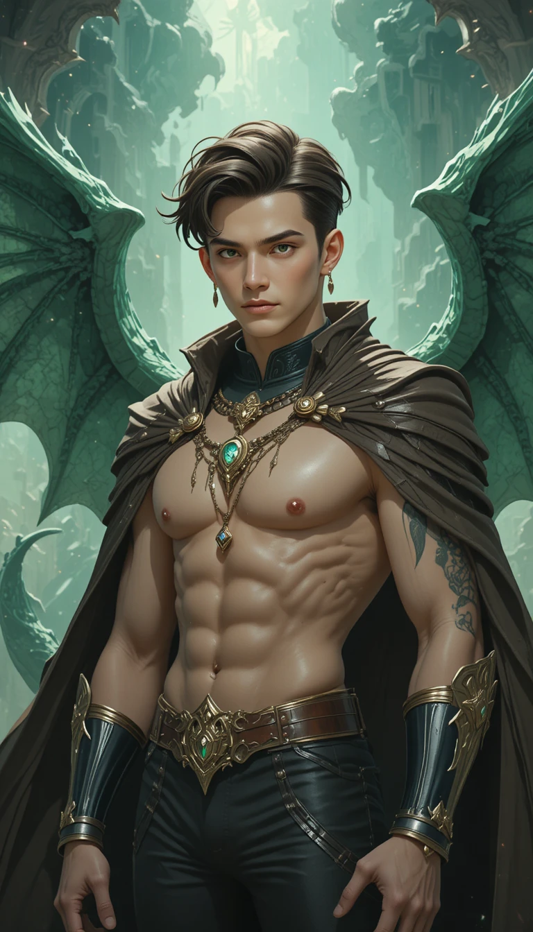 Un giovane ibrido di drago con occhi color smeraldo e ali verde scuro