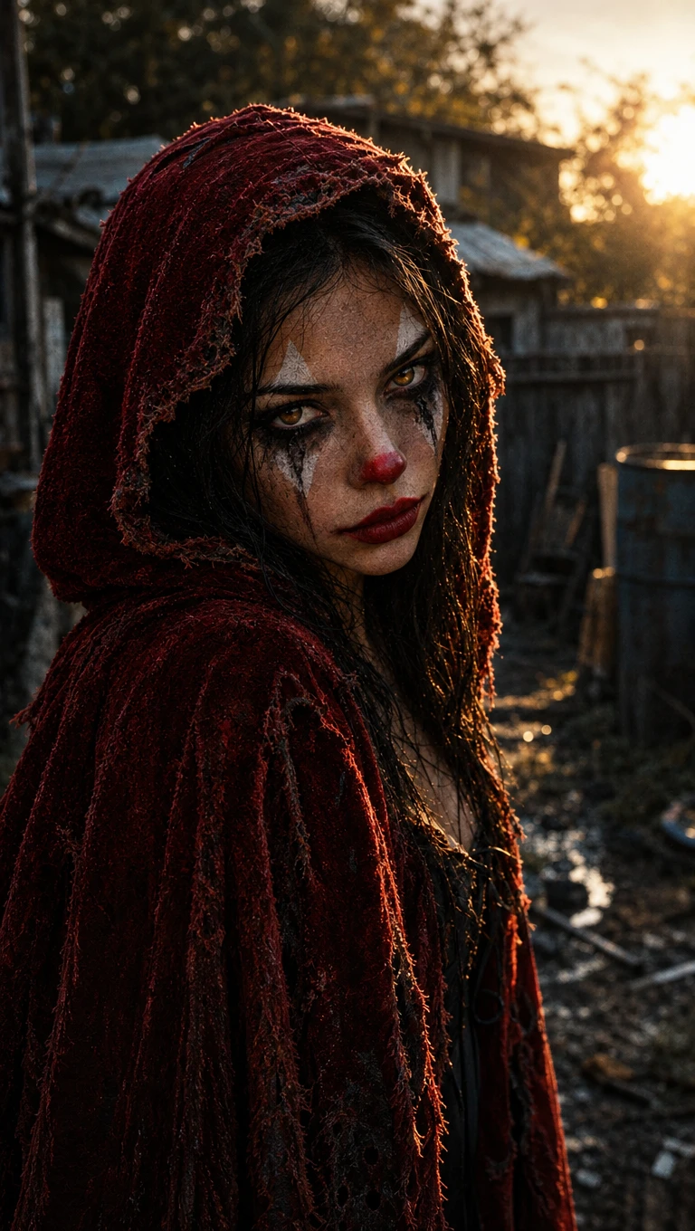 Une jeune femme maquillée en clown regarde sous une cape rouge en velours déchirée