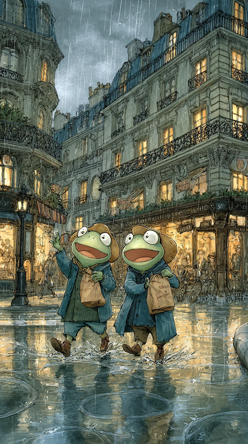 Dois sapos riem numa rua encharcada pela chuva em Nova Iorque