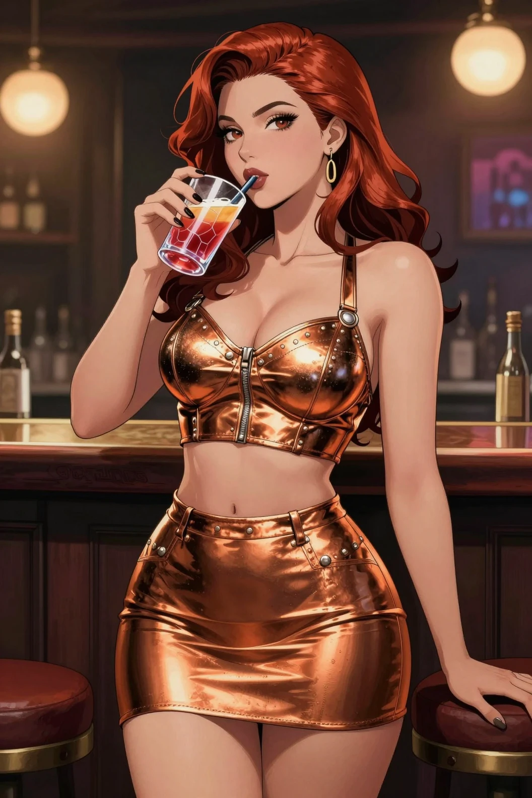 Uma mulher de anime curvilínea veste um top cropped de metal elaborado e uma minissaia