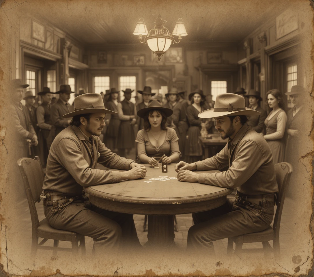 Two gamblers play poker in a frontier town saloon