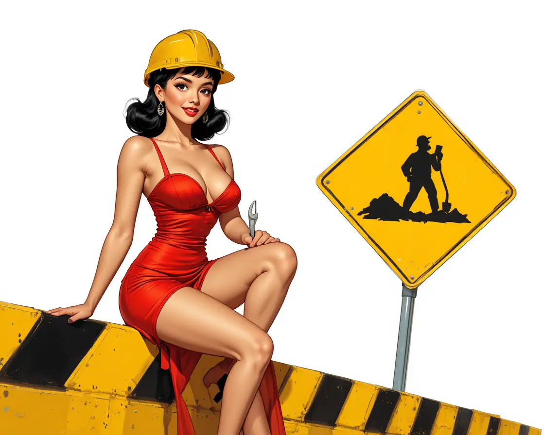 A pin-up woman poses with a wrench beside a construction sign