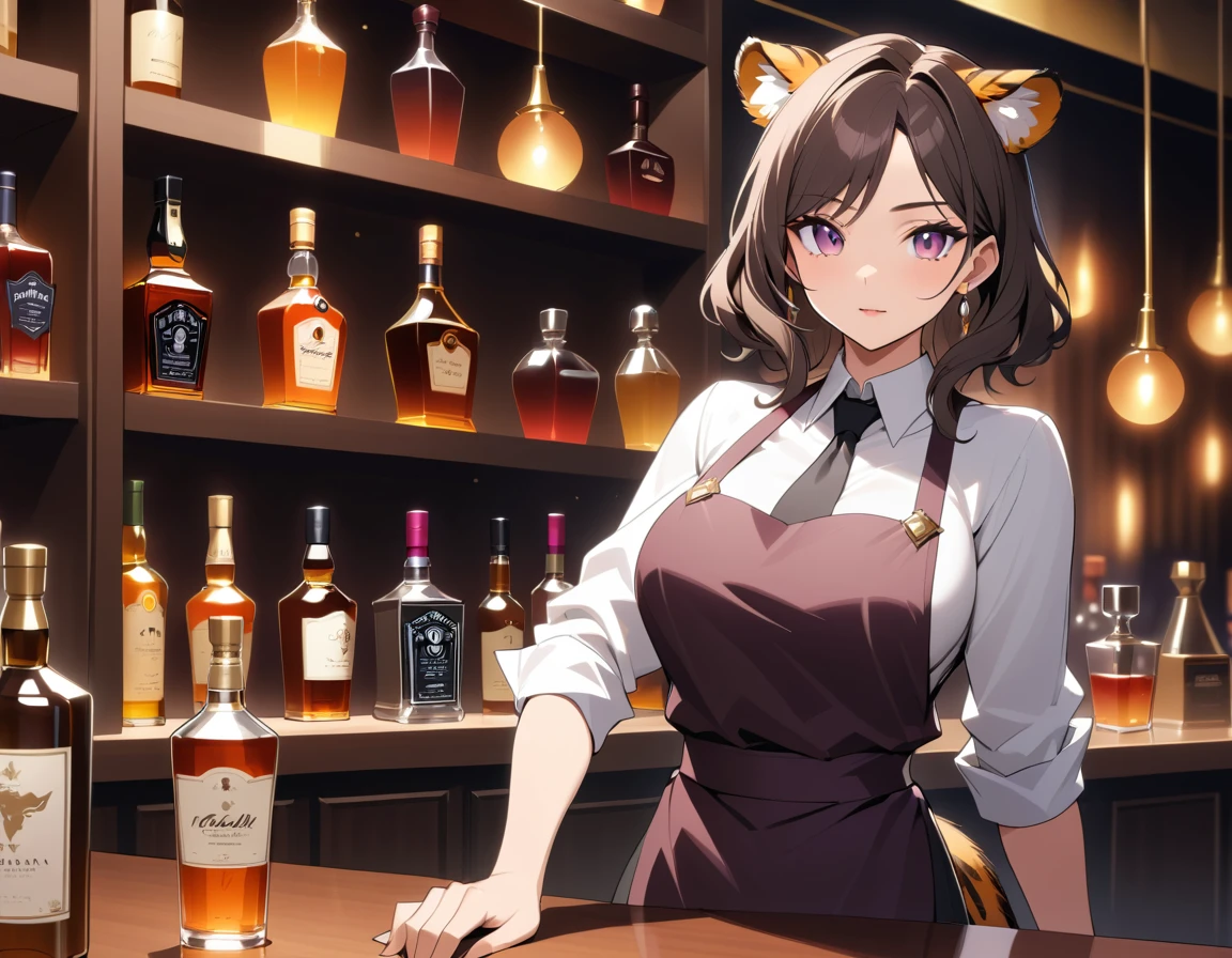 Barmaid tigresse en style anime derrière le comptoir d’un speakeasy