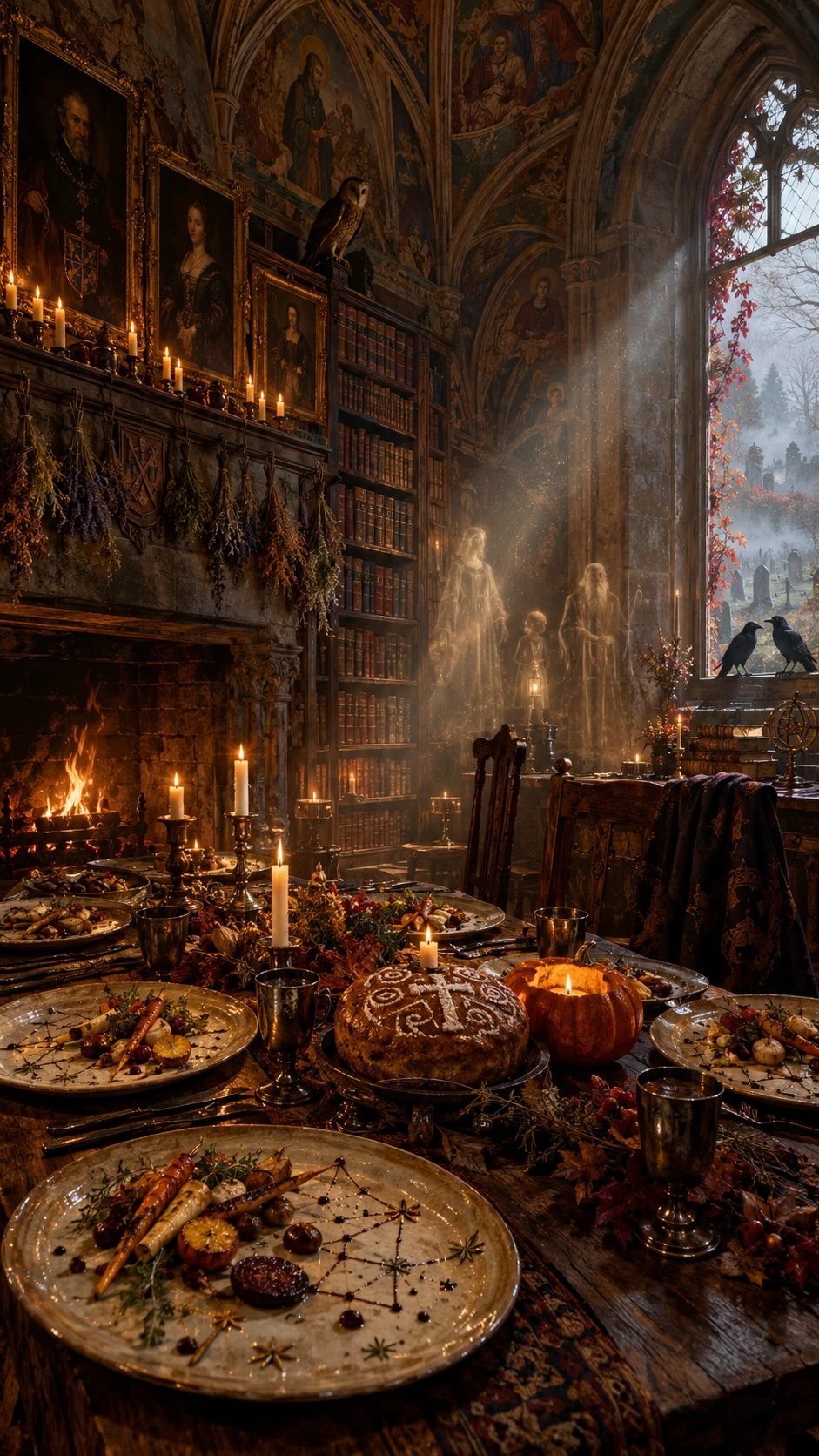 Uma biblioteca de castelo gótico repleta de estantes antigas e afrescos desbotados