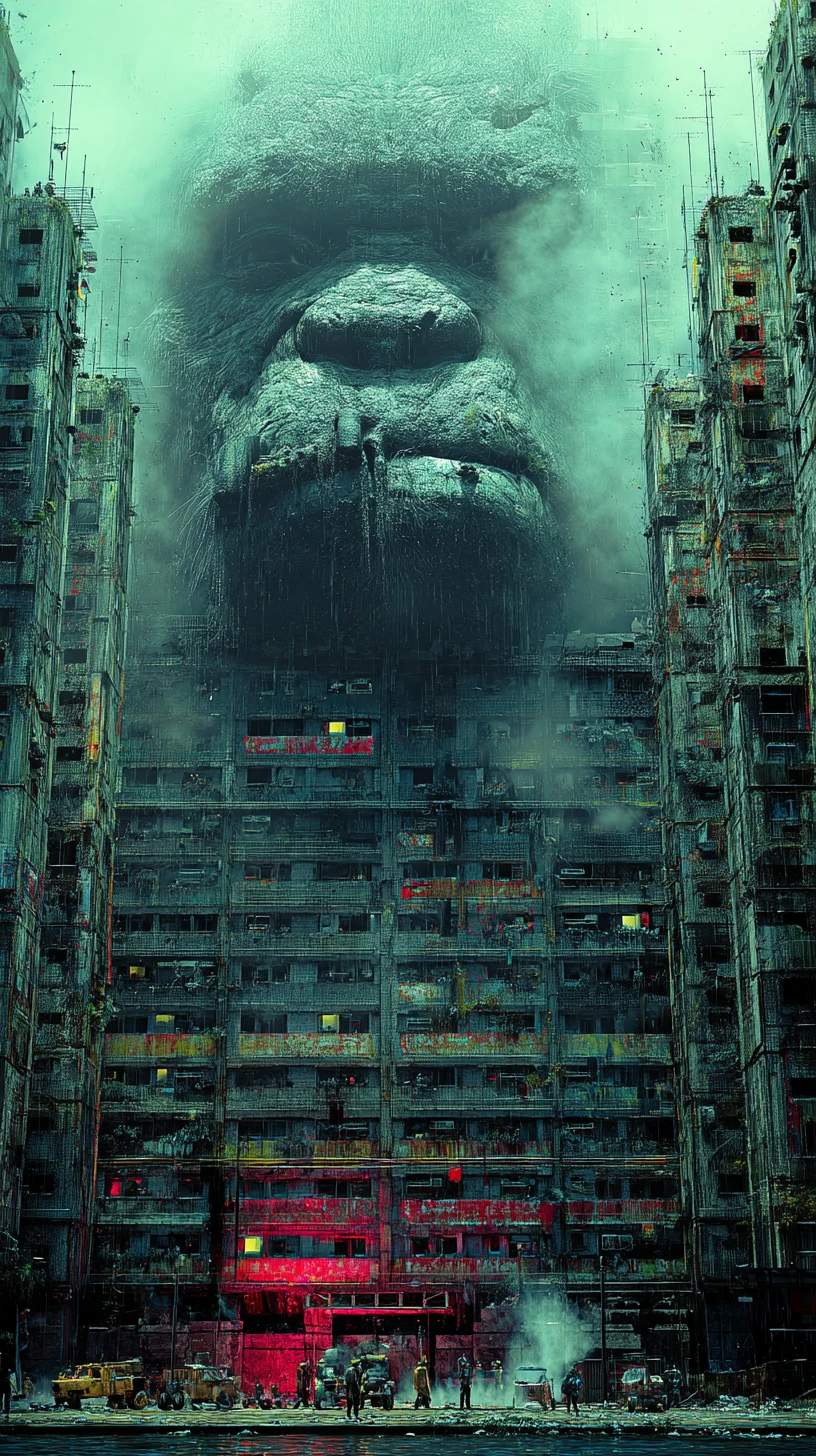 A colossal face watches over a totalitarian cityscape