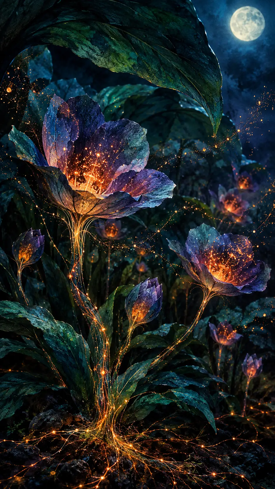 Glowing Flowers Illuminate a Nocturnal Botanical Garden Beneath Enormous Dark Leaves