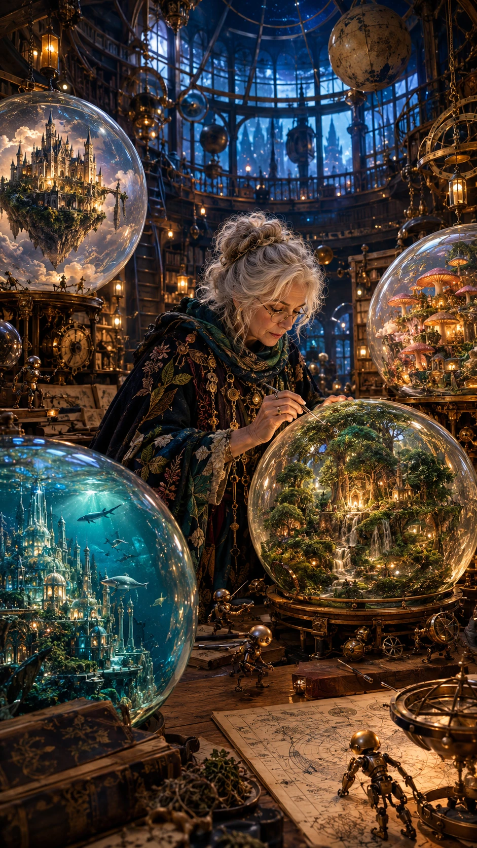An elderly woman builds miniature worlds inside glass spheres