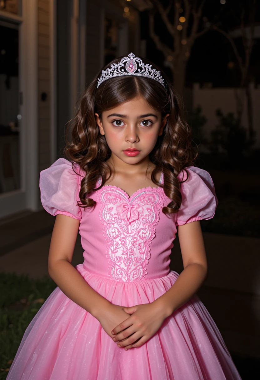 Um menino nervoso pede doces usando um vestido rosa de princesa