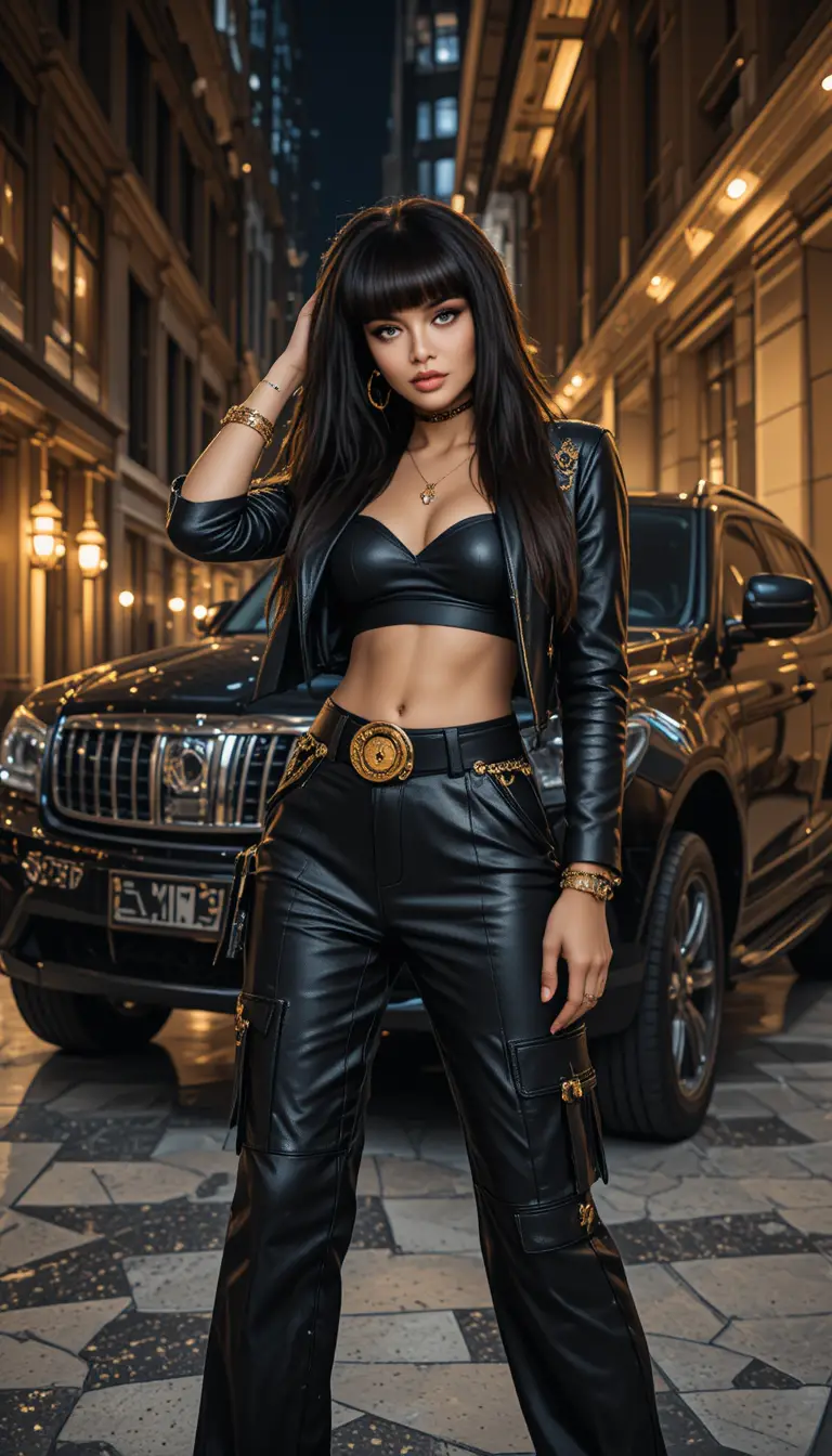 A Glamorous Woman Poses Beside a Black SUV in a Gleaming Urban Nightscape