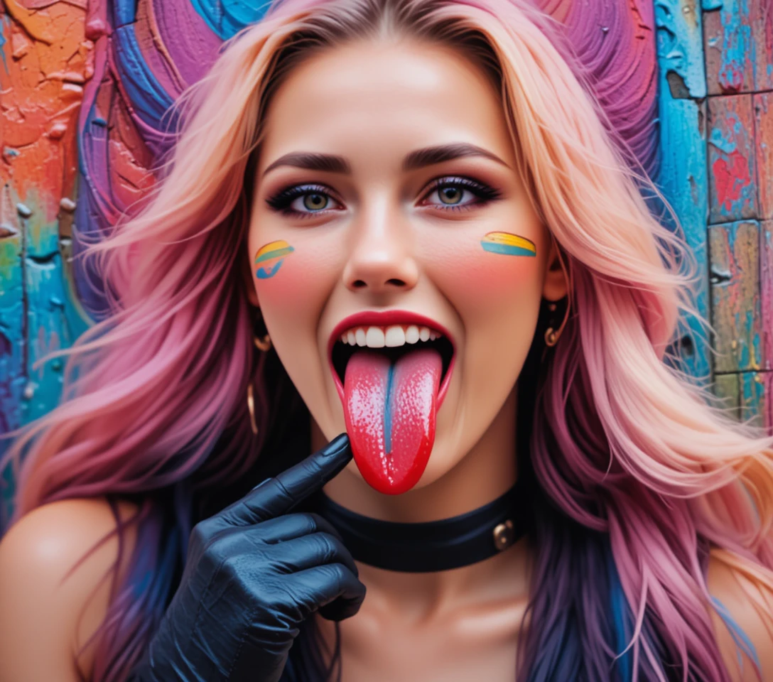 Uma mulher mostra um piercing amarelo na língua e uma língua colorida