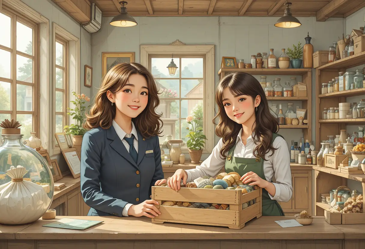 Two young women celebrate their new general store together