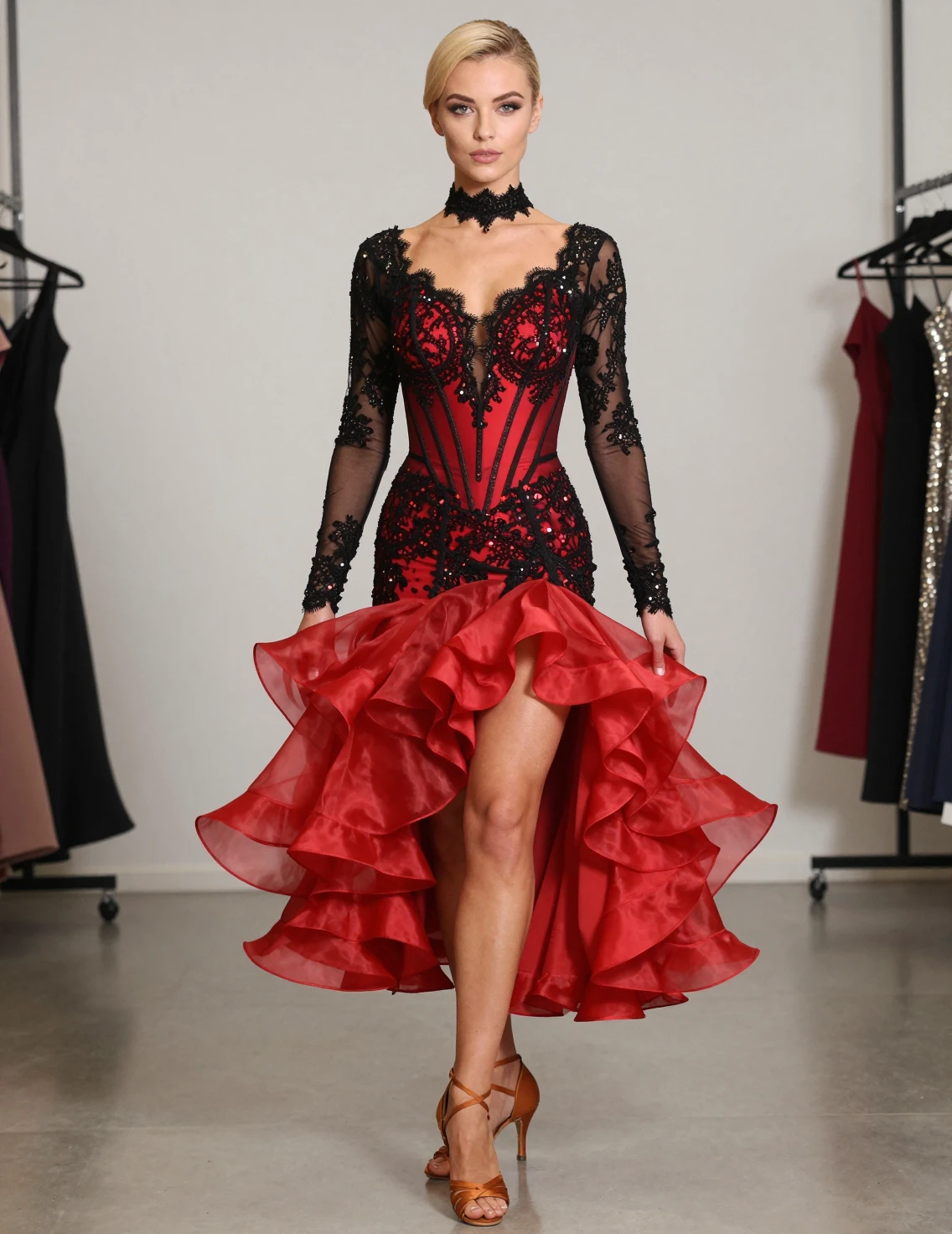 Uma jovem está em um estúdio usando um vestido de baile vermelho deslumbrante