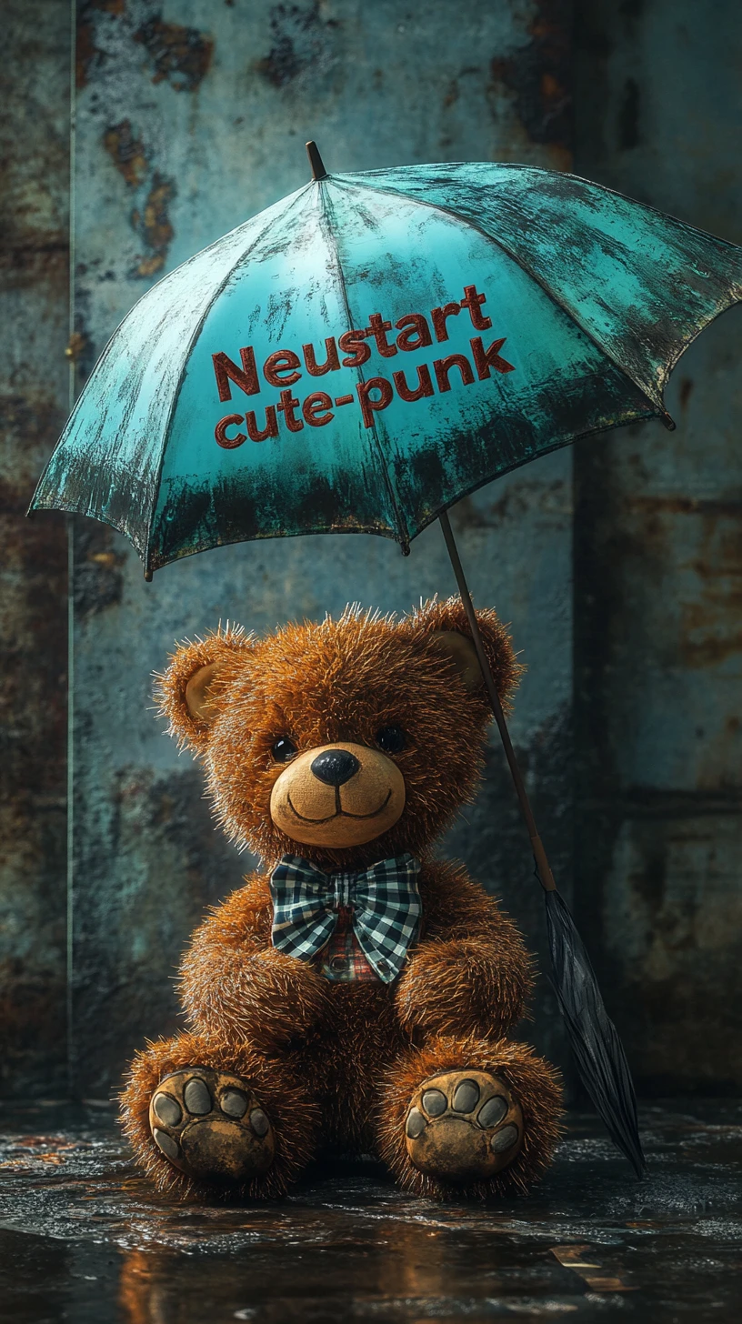 Um urso de pelúcia com gravata-borboleta xadrez sob um guarda-chuva