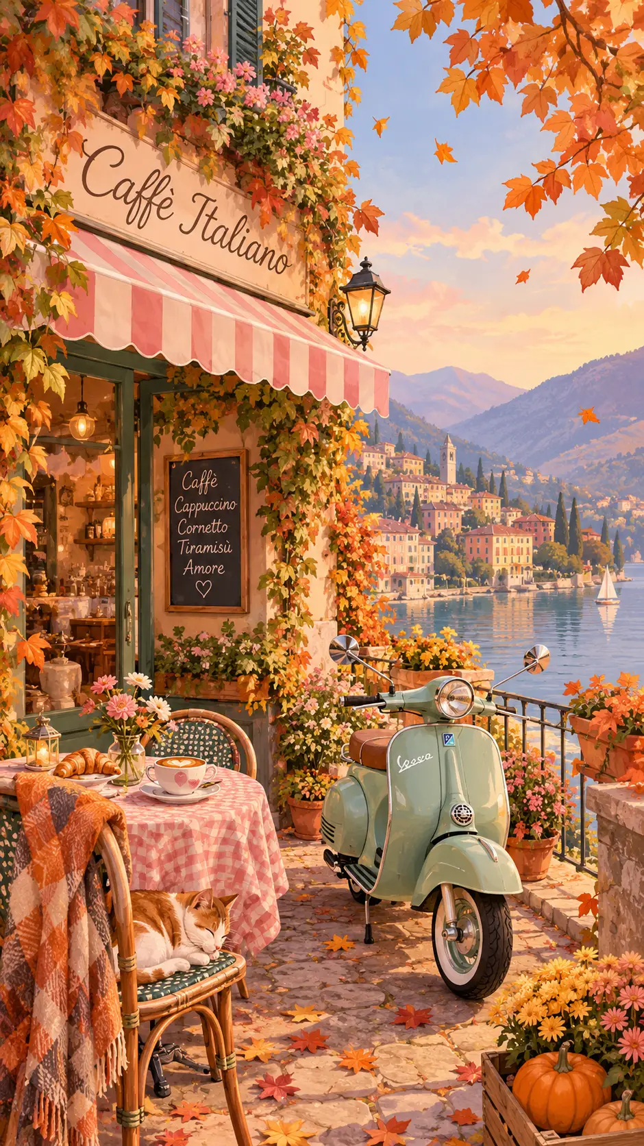 A smiling scooter beside a cozy Italian lakeside cafe in autumn