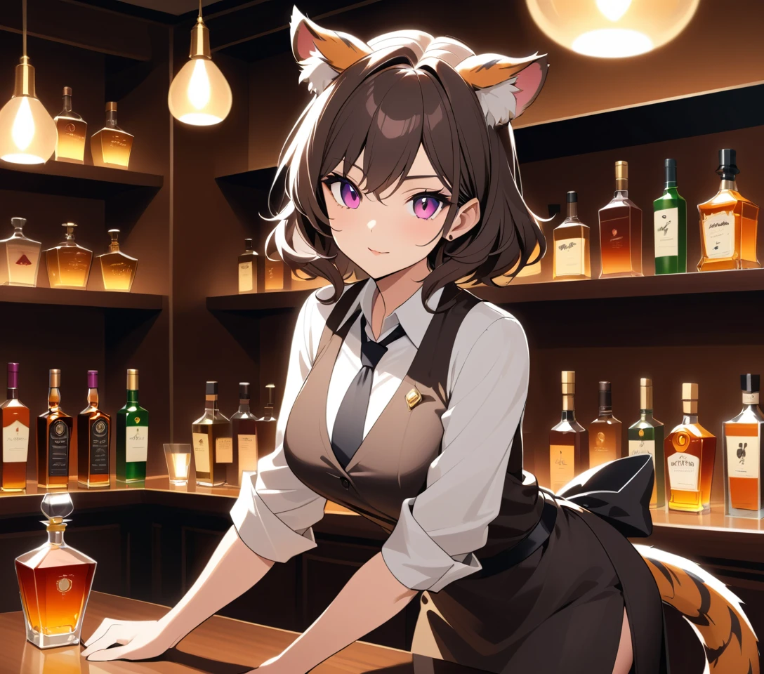 Uma mulher-tigre adulta em estilo anime está atrás do balcão de um bar clandestino luxuoso