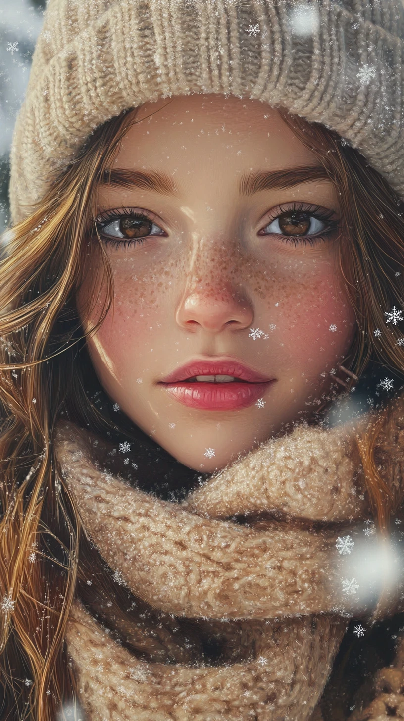 Uma jovem sorri sob a neve que cai em uma tranquila vila de inverno
