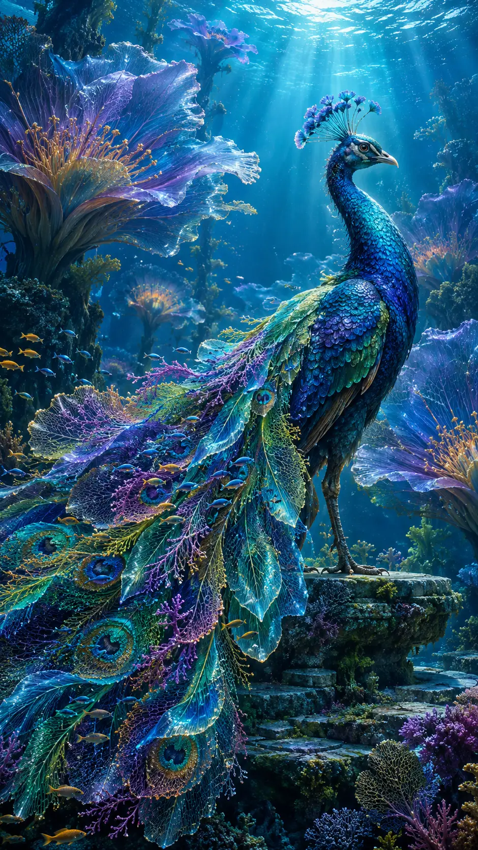 A peacock stands on a stone platform in a mysterious underwater garden