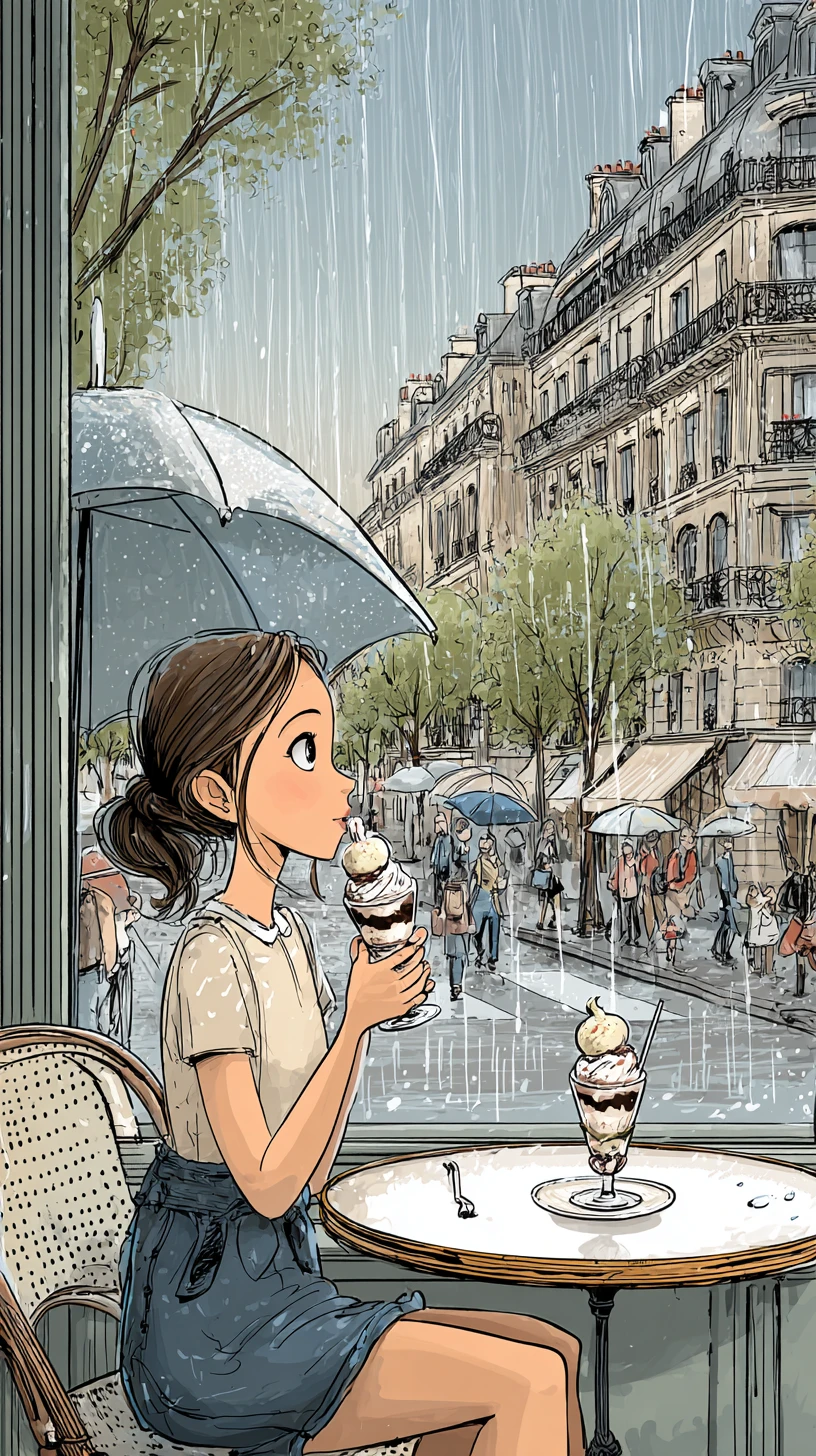 Uma jovem saboreia um gelado num café parisiense num dia chuvoso