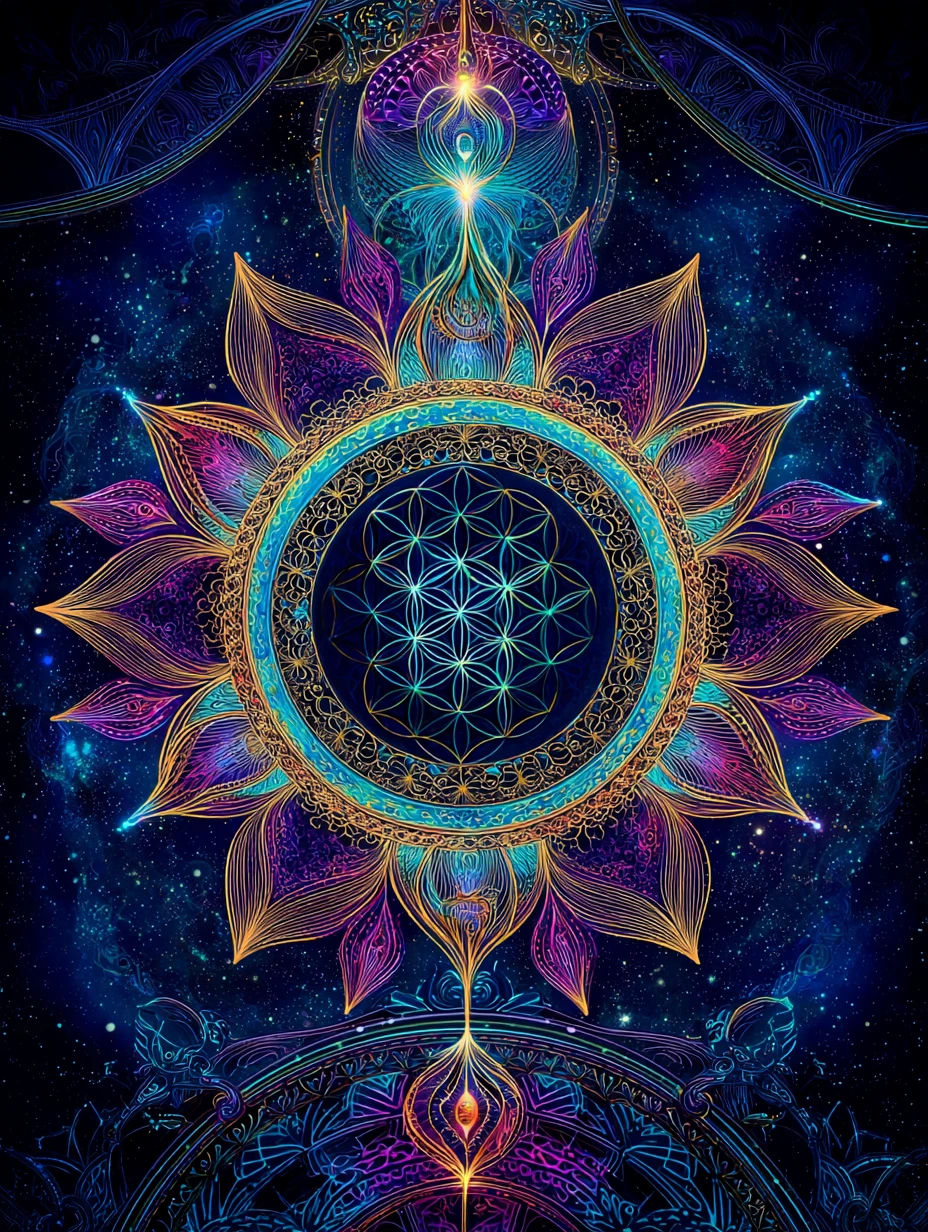 Un mandala cósmico luminoso resplandece ante un cielo estrellado índigo