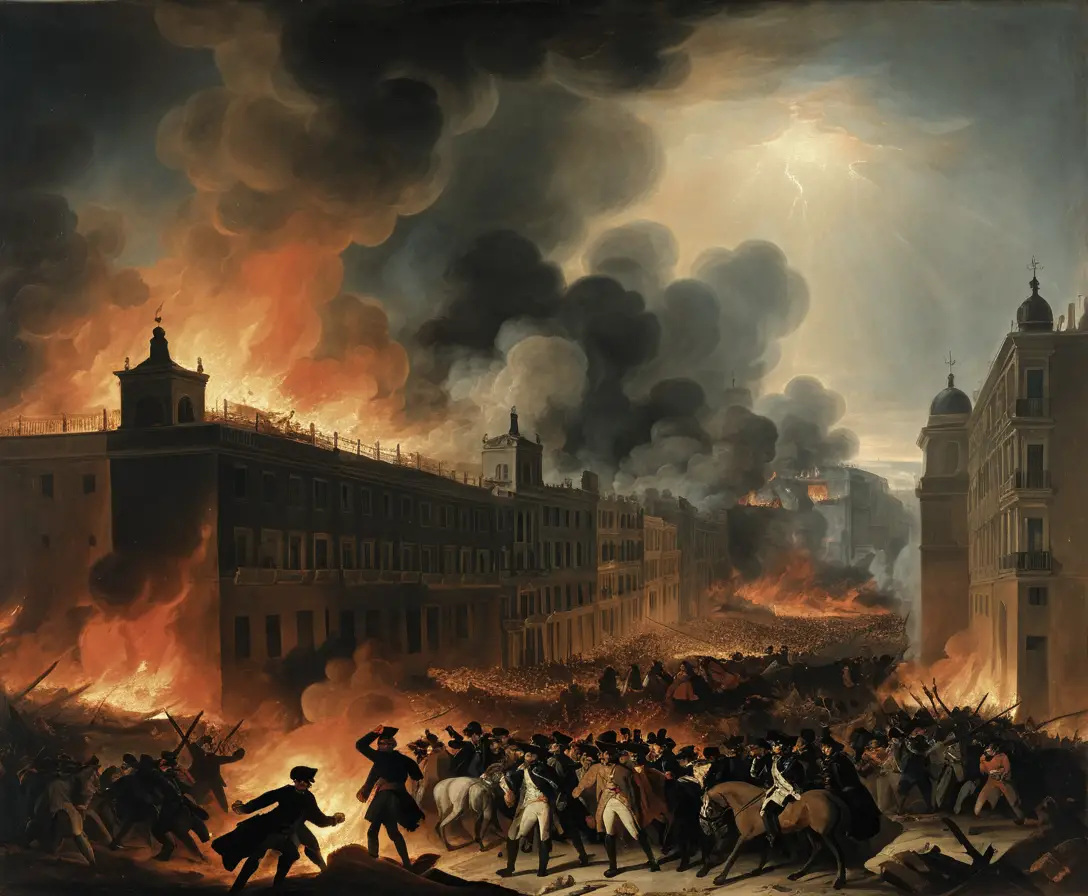 Soldiers and civilians amid flames in a city under attack