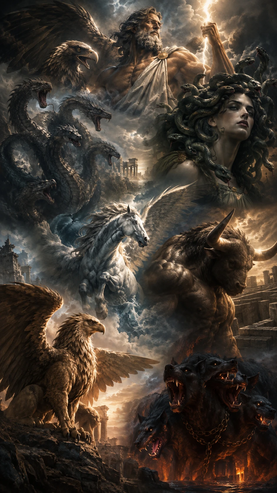 Uma colagem sombria de criaturas míticas da mitologia romana