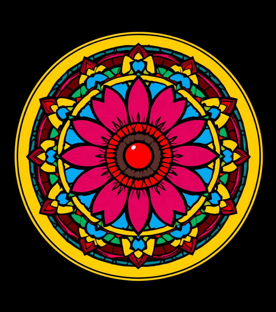 Un mandala coloré et symétrique aux formes florales et géométriques rayonnantes