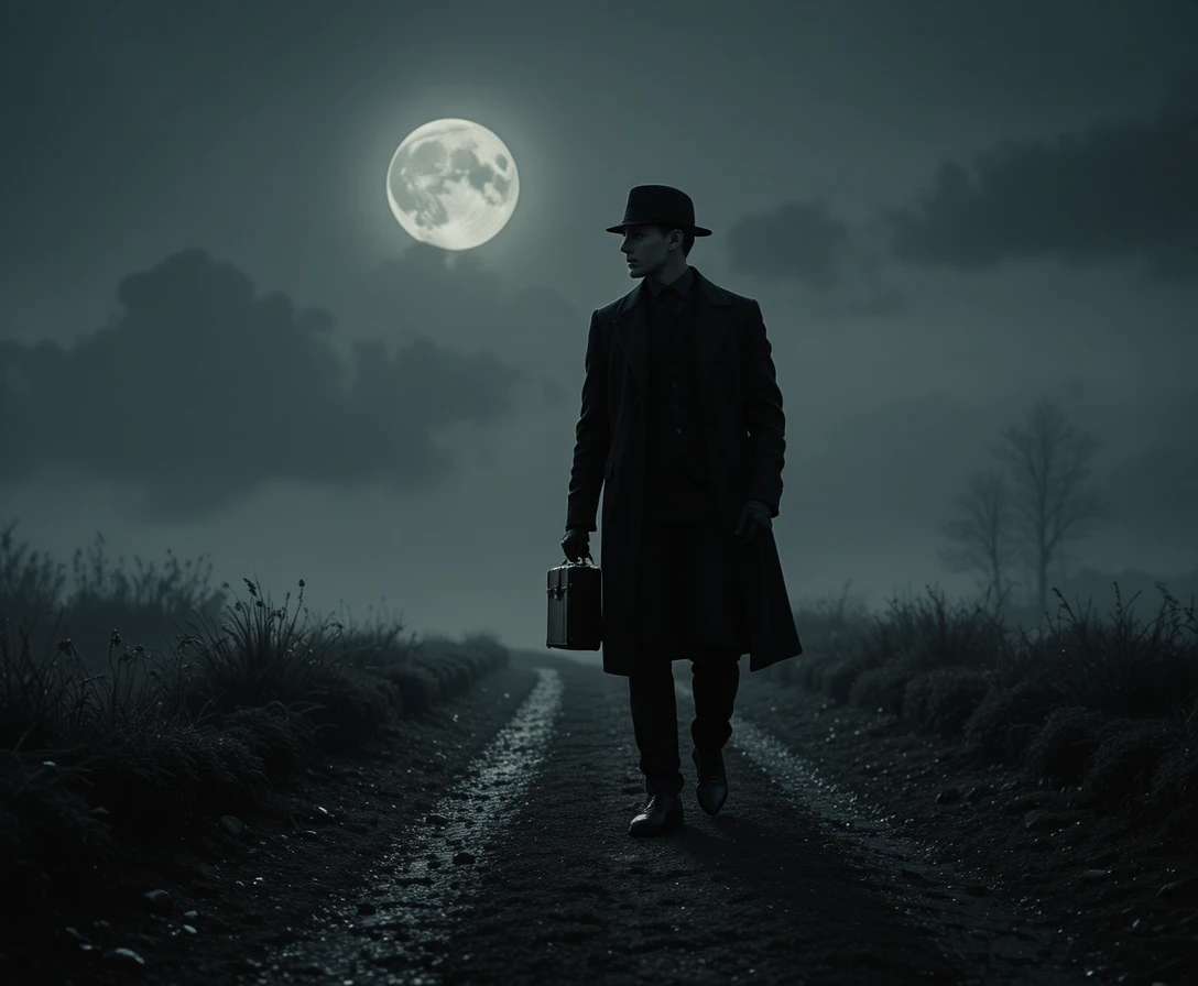 Um homem solitário sobe um caminho iluminado pelo luar com uma pasta