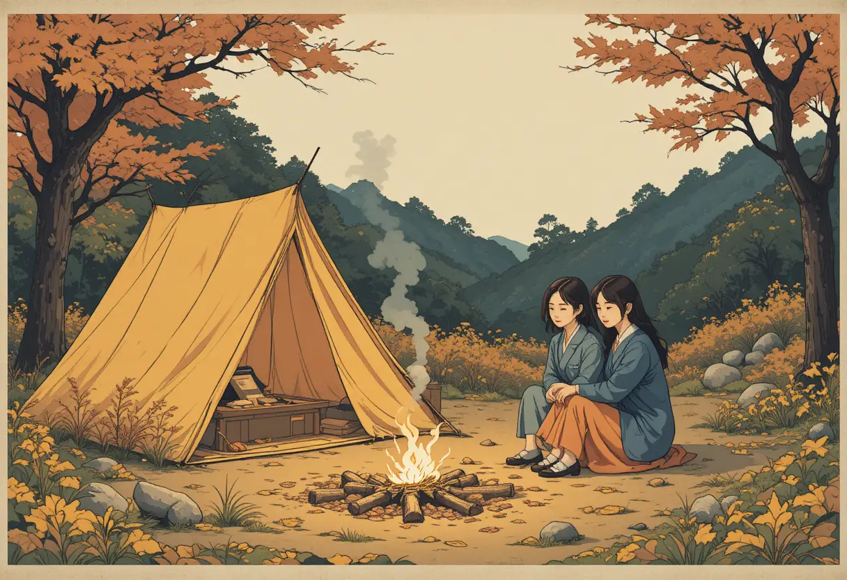 Duas jovens em um acampamento de outono no estilo de ilustração ukiyo-e