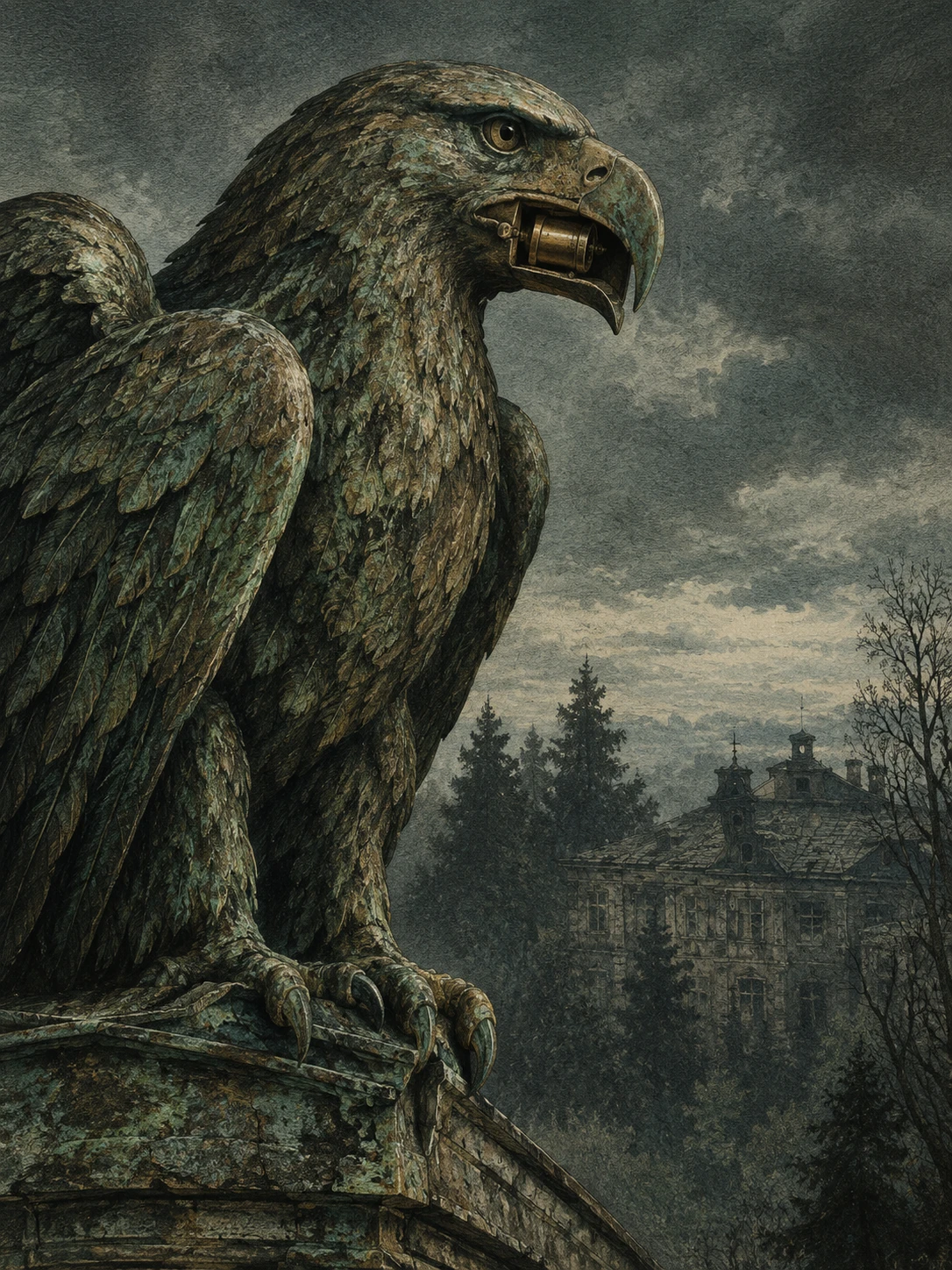 An ancient bronze bird sculpture rests atop a decaying estate attic