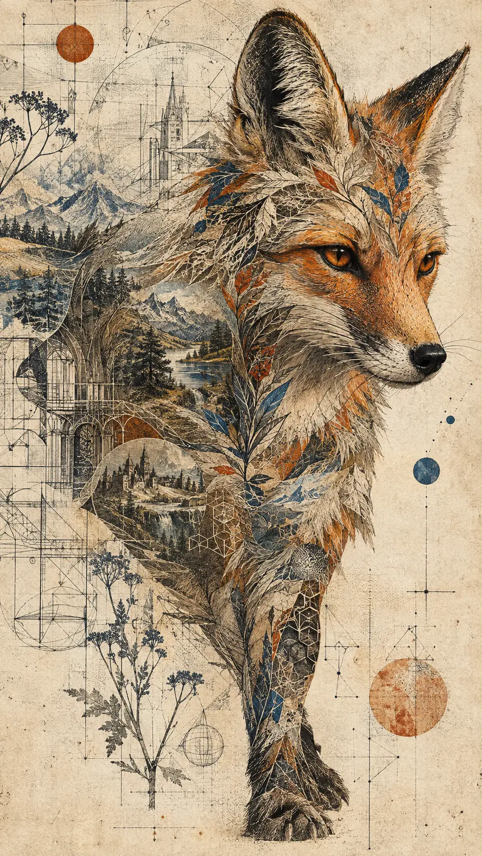 Ein gravierter Fuchs entsteht aus Architektur- und Konstruktionszeichnungen