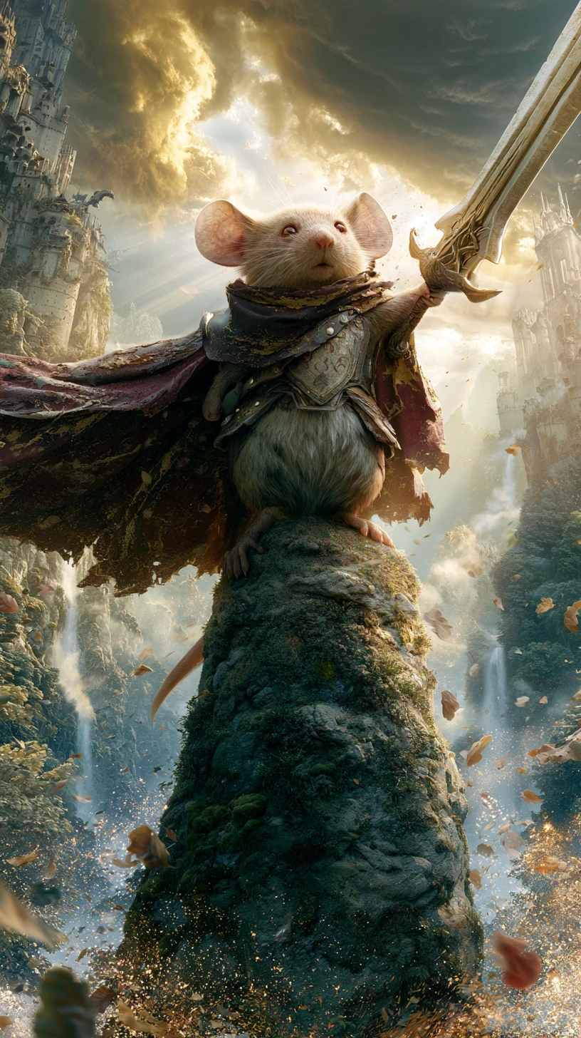 A fearless mouse hero stands atop an ancient stone pillar with sword