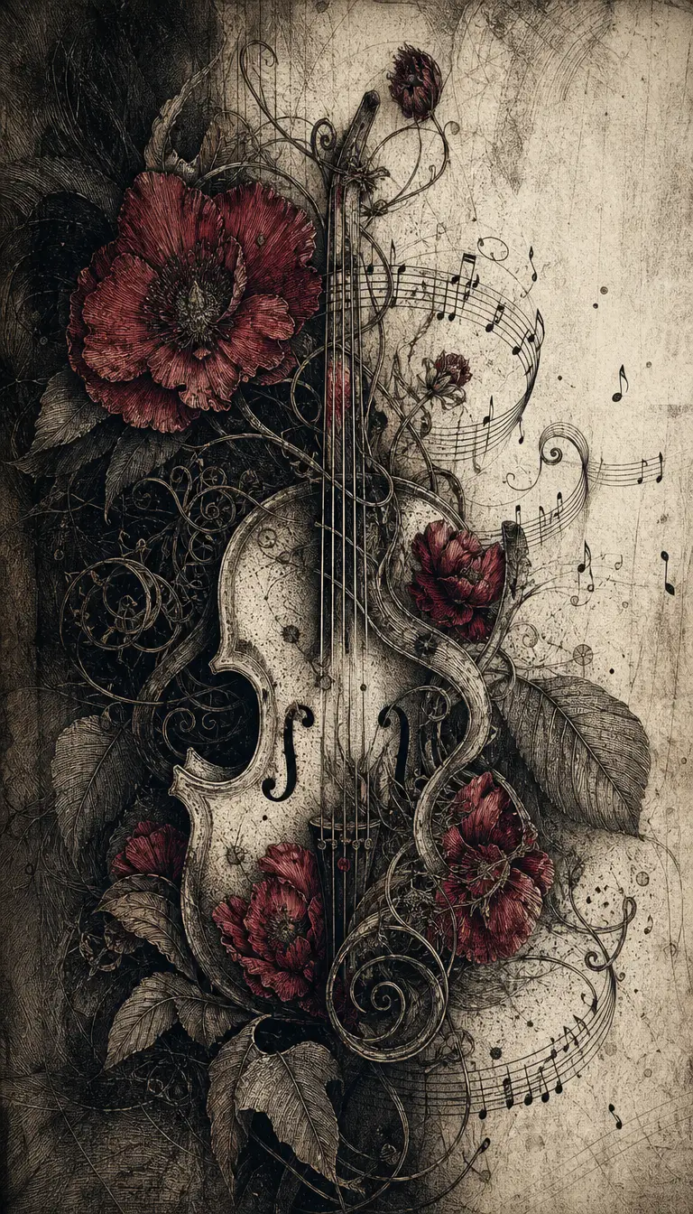 An antique string instrument emerging from a dark botanical setting