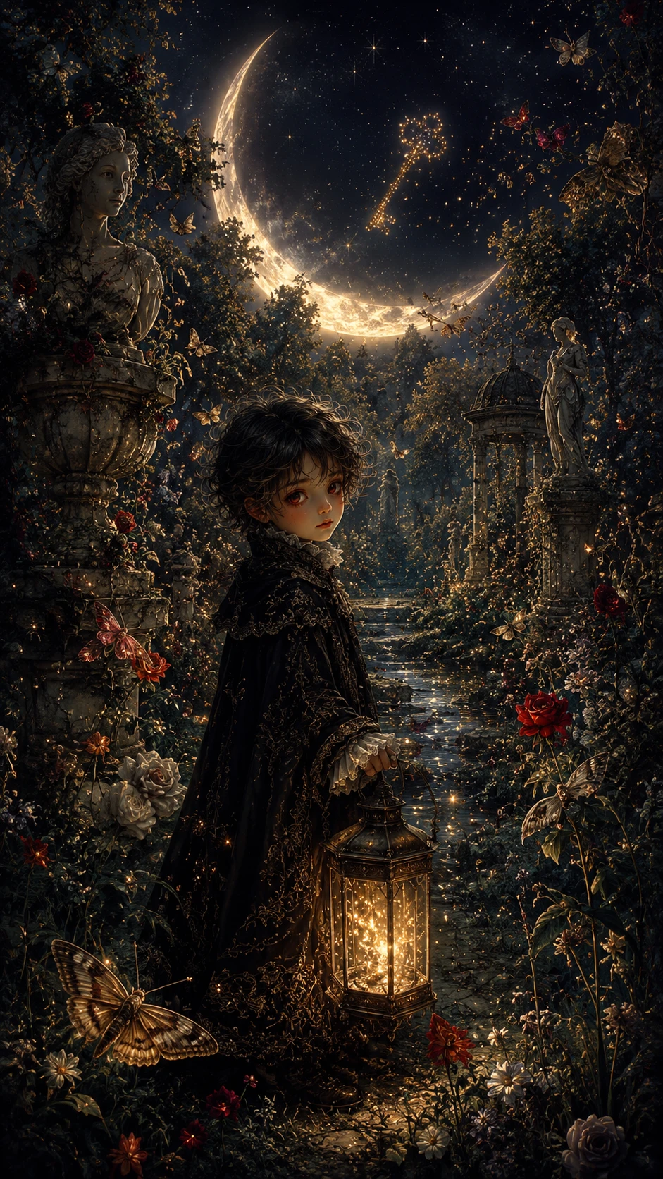 A fae figure carries a glowing lantern through an overgrown garden